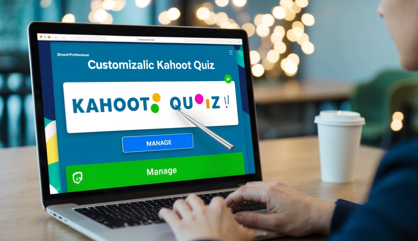 A computer screen displays a customizable Kahoot quiz. A cursor hovers over the "manage" button, ready to edit and personalize the pre-made quiz