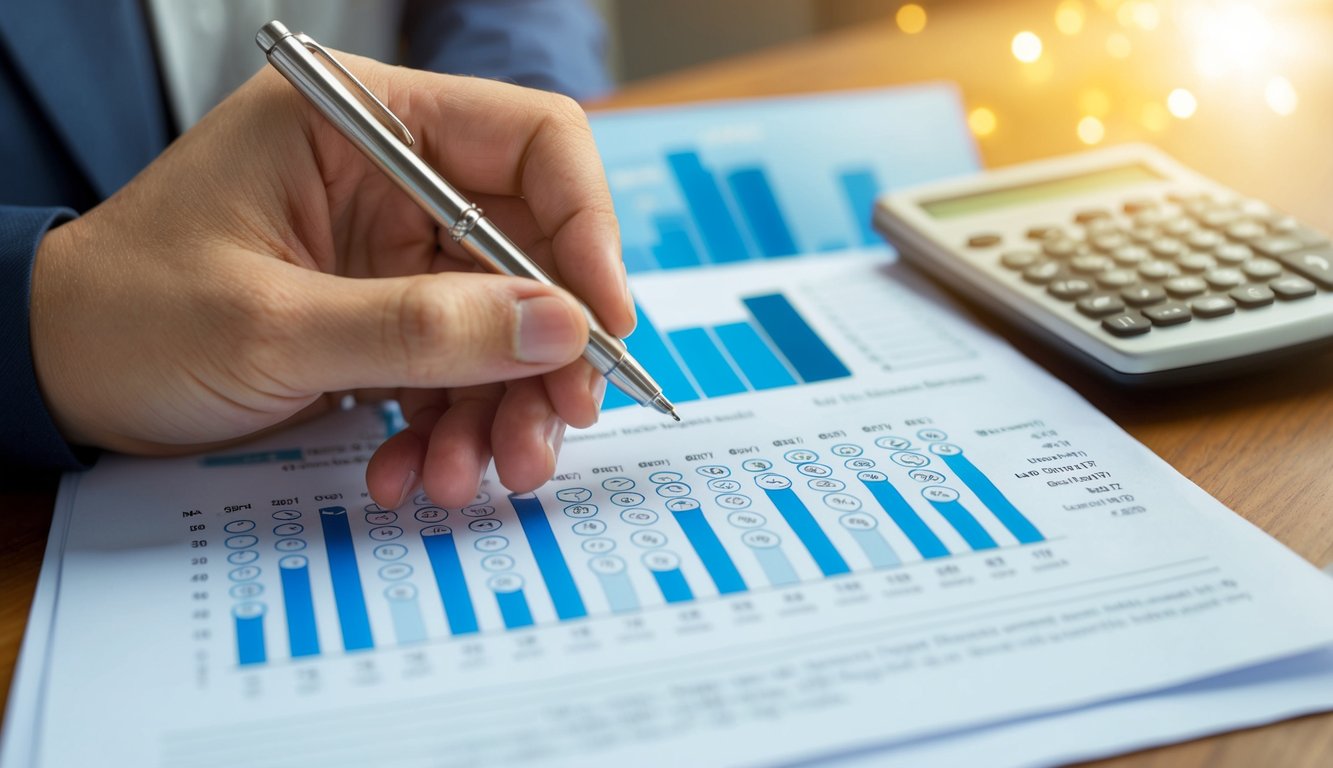 A hand holding a pen fills in bubbles on a Likert scale survey sheet. A graph in the background shows data analysis