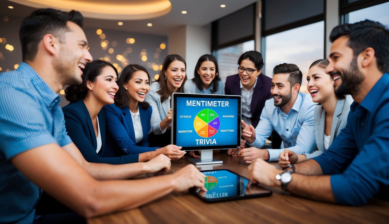 A group of people gathered around a screen, eagerly participating in a Mentimeter trivia game. Excitement and concentration are visible on their faces