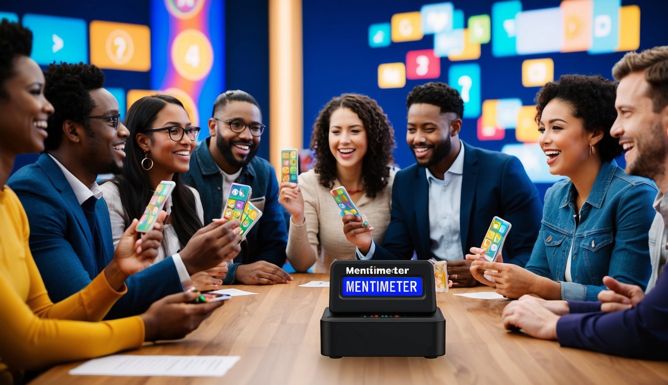 A group of diverse people participate in a lively trivia game using Mentimeter. The host reads out questions as the participants eagerly respond, while colorful graphics and animations add to the engaging atmosphere