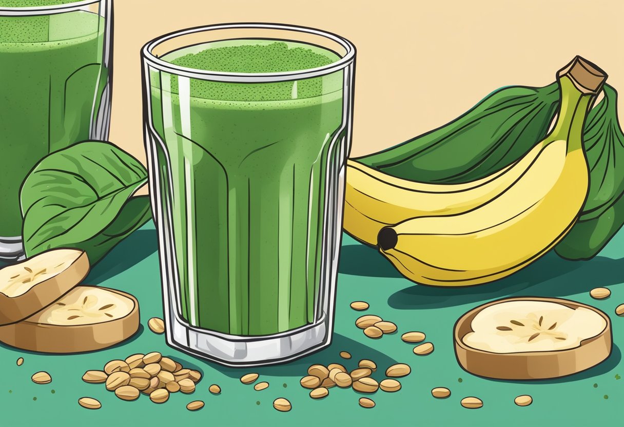 A glass filled with a green smoothie made with spinach, peanut butter, and banana, topped with a sprinkle of protein powder