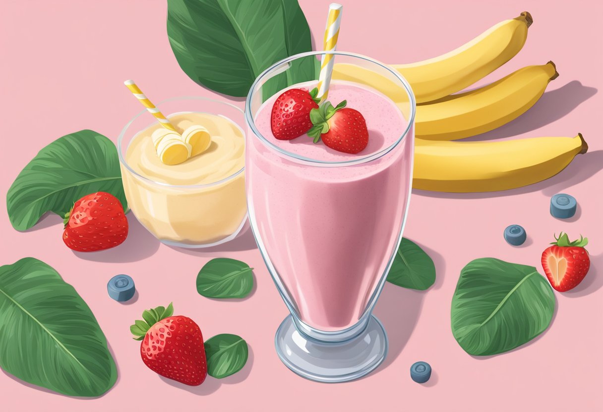 A glass filled with a creamy pink smoothie, topped with sliced strawberries and bananas. A handful of spinach leaves and a scoop of protein powder sit next to the blender