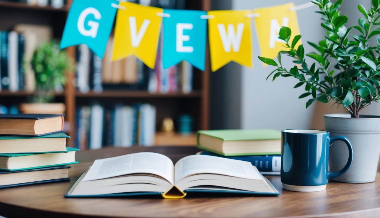 A table with various items like books, a mug, and a potted plant. A banner with the word "giveaway" hangs in the background