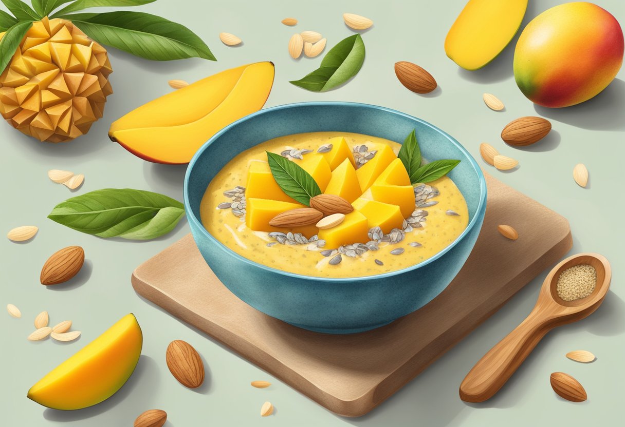 A vibrant mango-almond smoothie bowl surrounded by sliced almonds, chia seeds, and fresh mango chunks