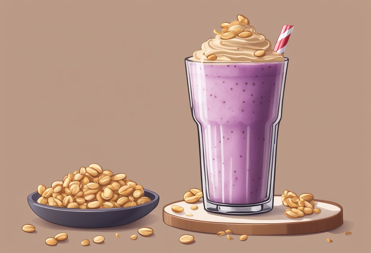 A glass filled with a thick, creamy smoothie, swirled with peanut butter and jelly, topped with a sprinkle of crushed peanuts
