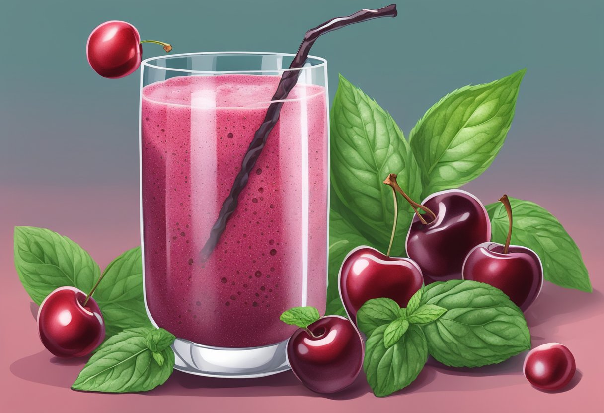 A glass filled with a vibrant red cherry-spinach smoothie, topped with chia seeds and a sprig of mint, surrounded by fresh cherries and spinach leaves