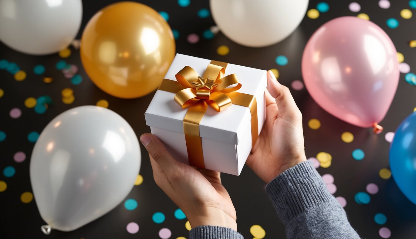 A hand holding a gift box with a bow on top, surrounded by confetti and balloons