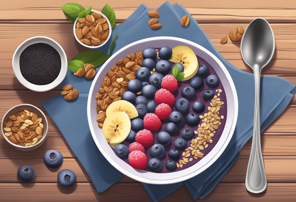 Acai-blueberry smoothie bowl with granola, chia seeds, and sliced fruit toppings on a wooden table with a spoon and napkin