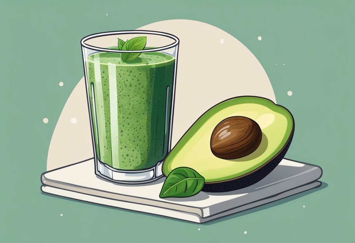 A glass filled with a creamy green smoothie, topped with chia seeds and a slice of avocado. A handful of fresh spinach leaves and a ripe avocado sit nearby