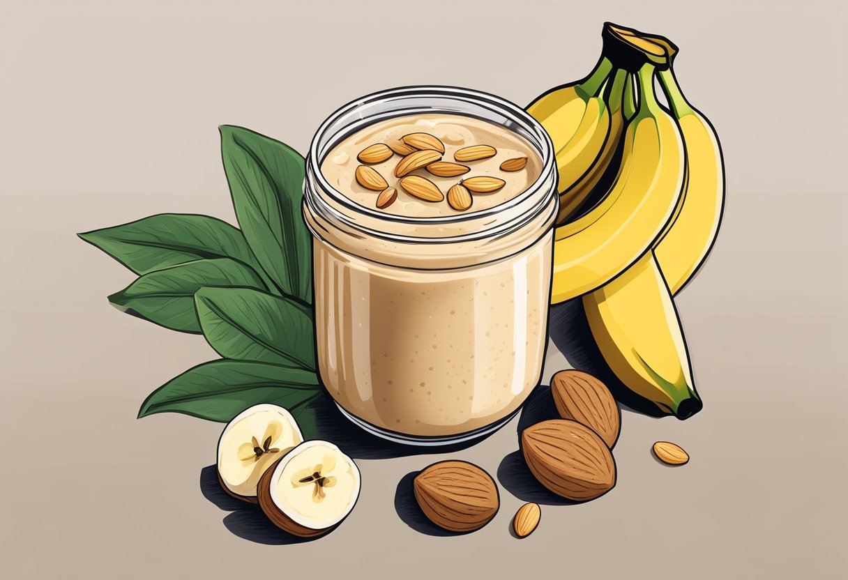 A glass filled with a creamy almond butter and banana protein smoothie, topped with sliced almonds and a whole banana for garnish