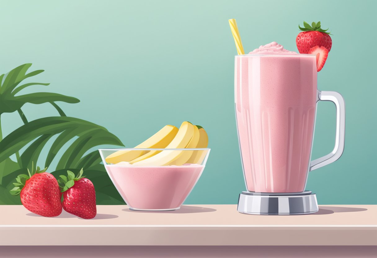 A glass filled with a creamy pink smoothie topped with slices of fresh strawberries and bananas. A scoop of protein powder sits on the counter next to the blender