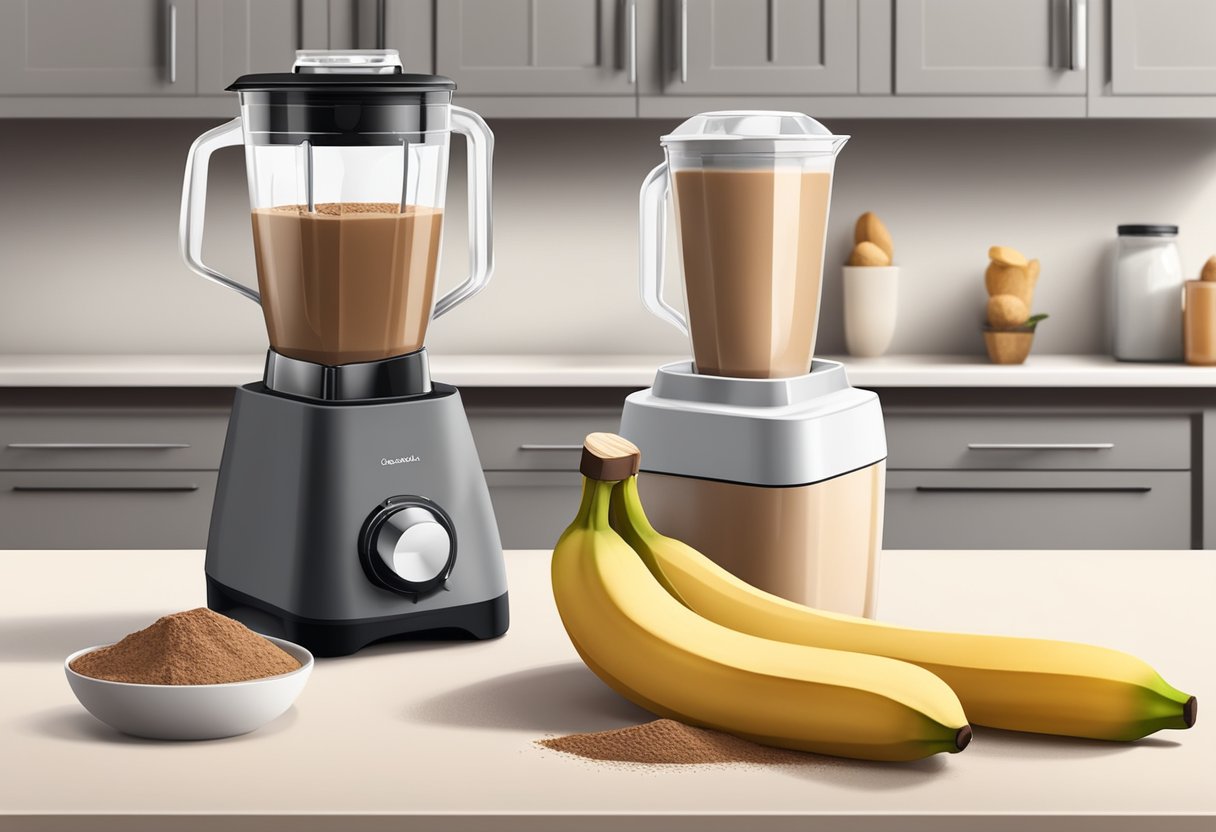 A blender filled with chocolate-banana protein smoothie ingredients. A scoop of protein powder, a banana, cocoa powder, and almond milk on a kitchen counter