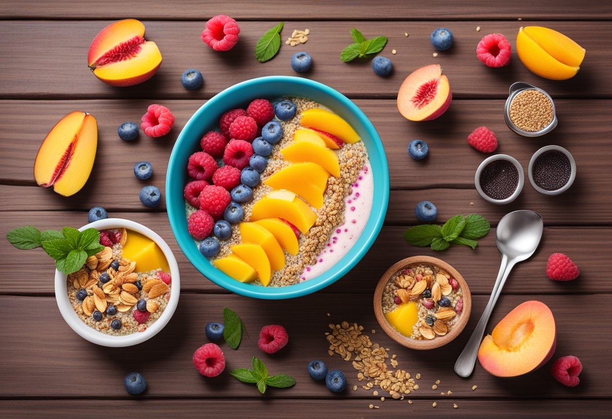 A vibrant smoothie bowl sits on a wooden table, topped with fresh raspberries, peach slices, and mango chunks, surrounded by scattered chia seeds and granola