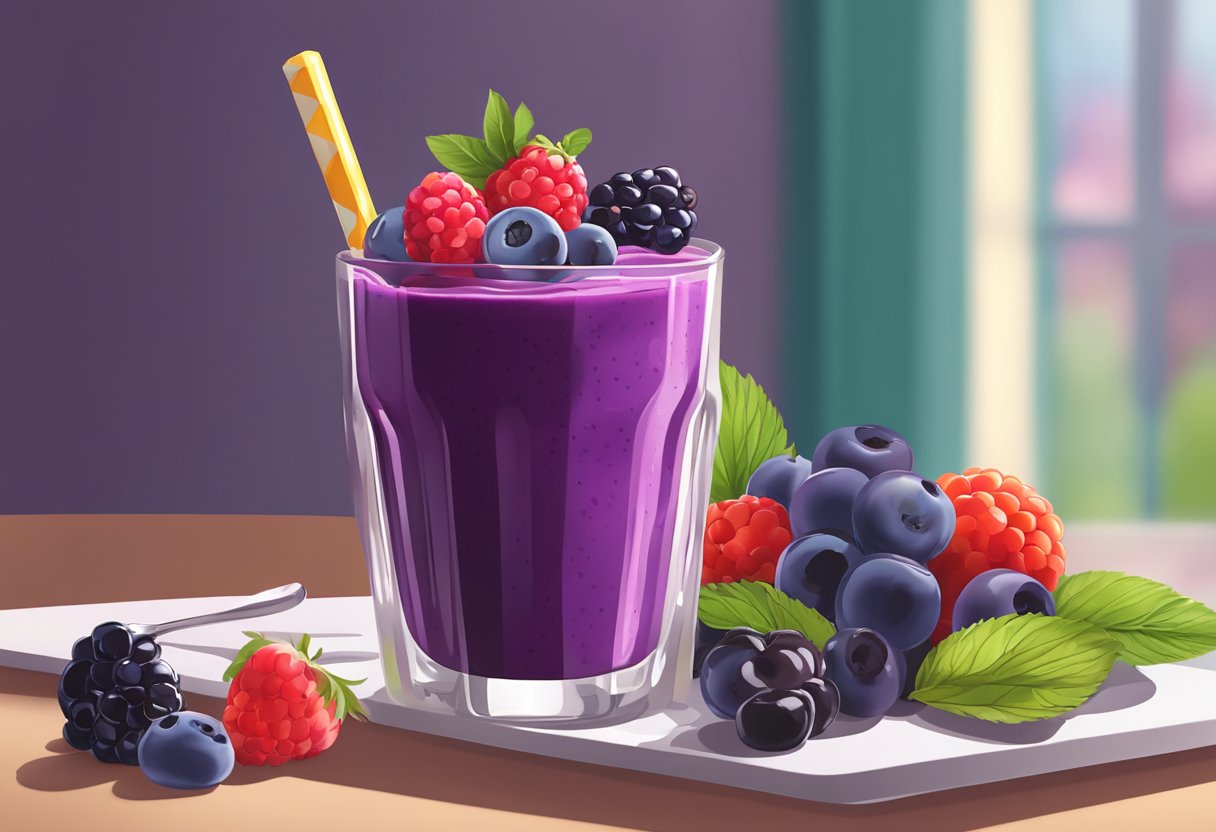 A glass filled with a thick, vibrant purple smoothie topped with a variety of fresh mixed berries. A spoon rests on the table beside the glass