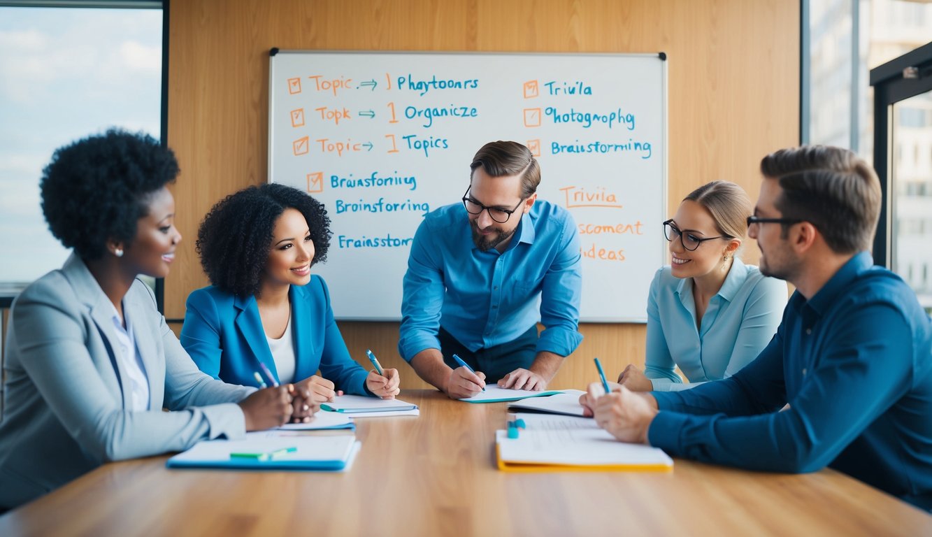 A group of people brainstorming ideas, writing down notes, and discussing potential topics for trivia questions. They are using a whiteboard to organize their thoughts