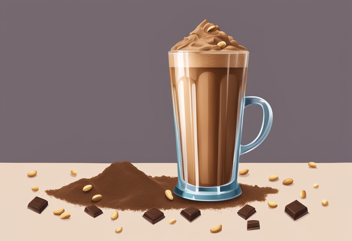 A tall glass filled with a creamy chocolate-peanut butter protein shake surrounded by scattered cocoa powder and crushed peanuts