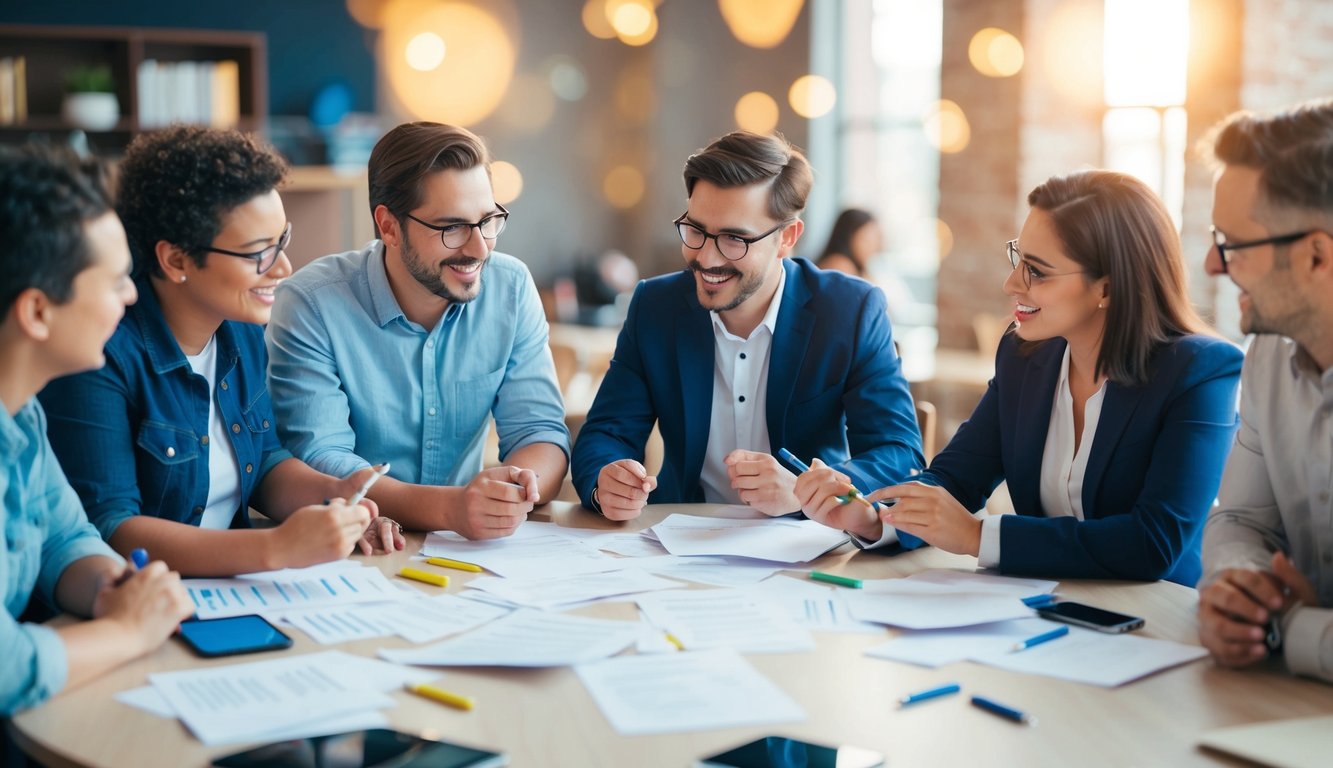 A group of people gathered around a table, engaged in lively conversation while brainstorming ideas. Papers and pens scattered across the surface as they discuss and debate potential trivia questions