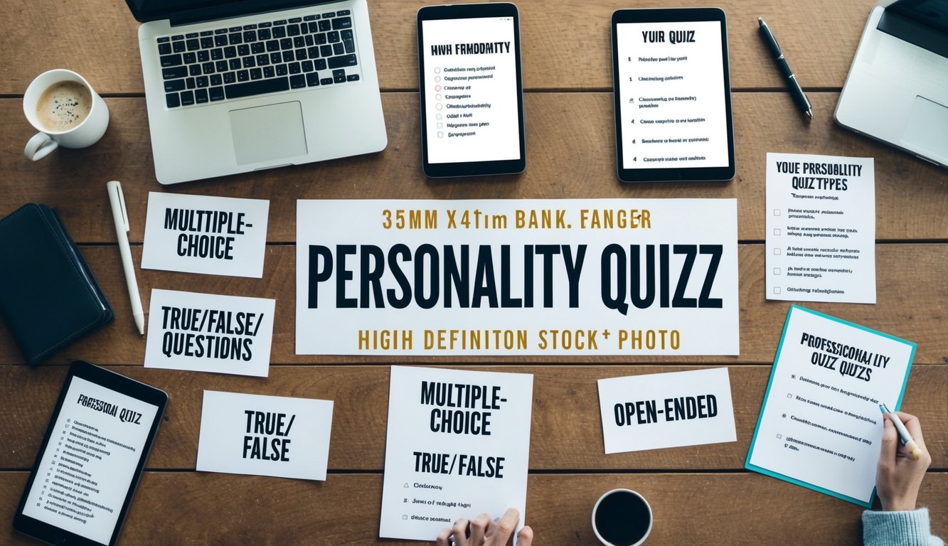 A table with various personality quiz types laid out, including multiple-choice, true/false, and open-ended questions. A laptop and pen are nearby for creating and taking the quizzes