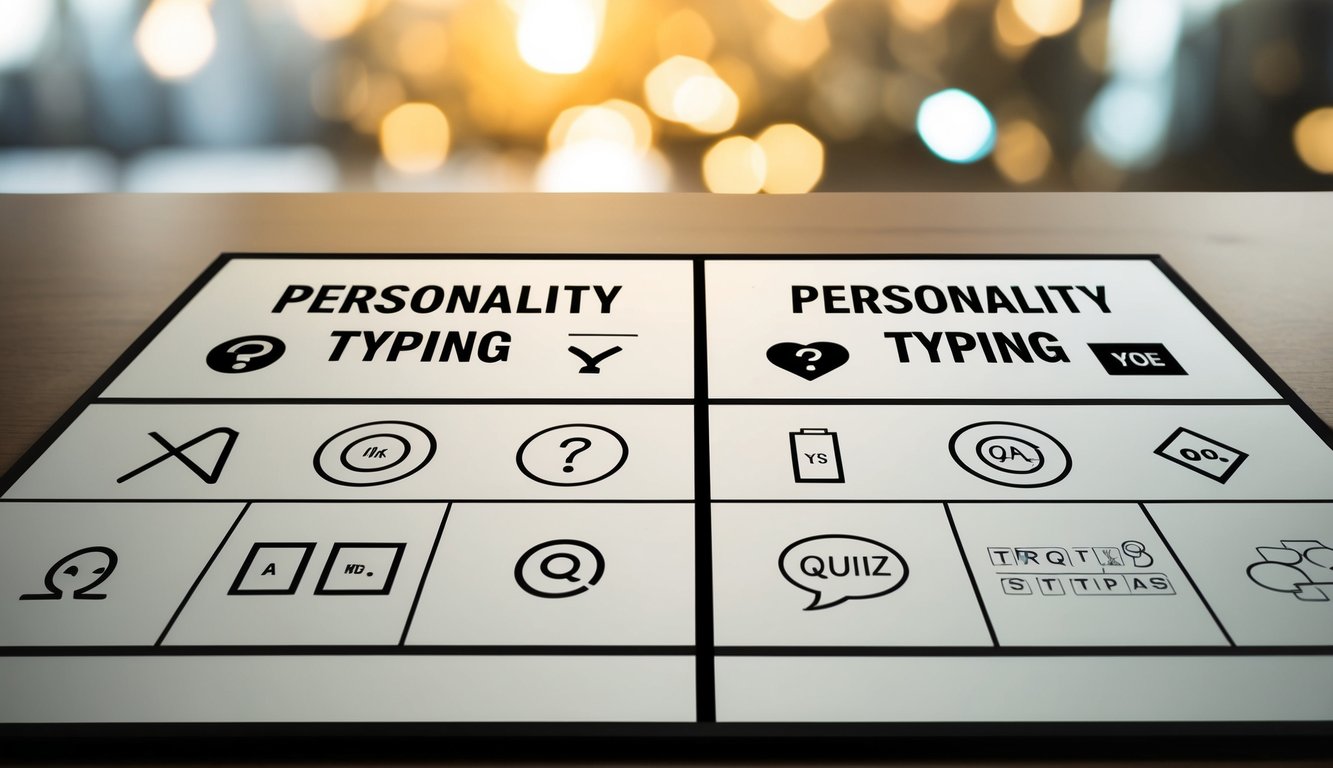 A table with four quadrants labeled "Personality Typing" with various symbols and shapes representing different quiz types