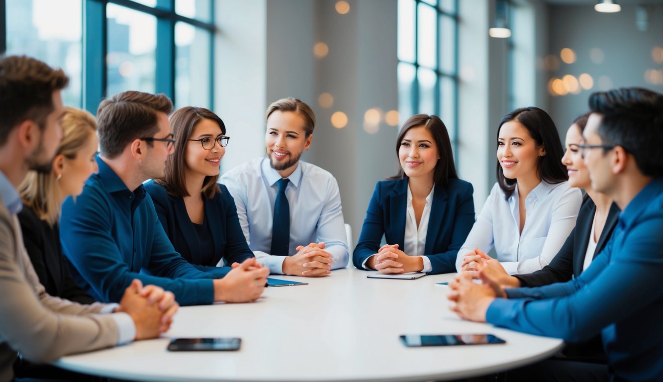 A group of people gathered around a table, looking engaged and focused as they listen to someone asking a question