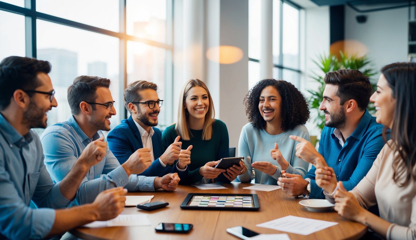 A group of people gathered around a table, engaged in lively conversation while taking turns answering trivia questions. A sense of excitement and competition fills the air