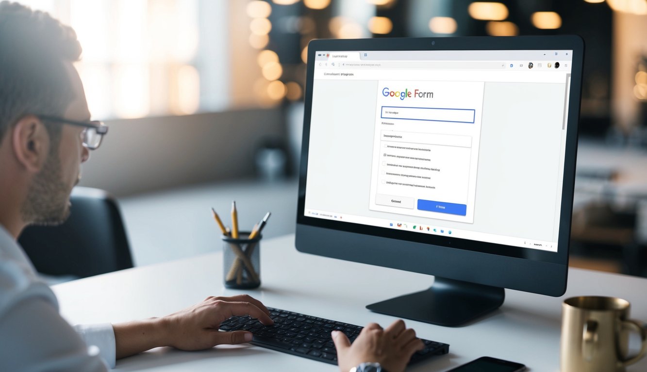 A desk with a computer displaying a Google Form. A person is customizing the form, adjusting settings and adding questions