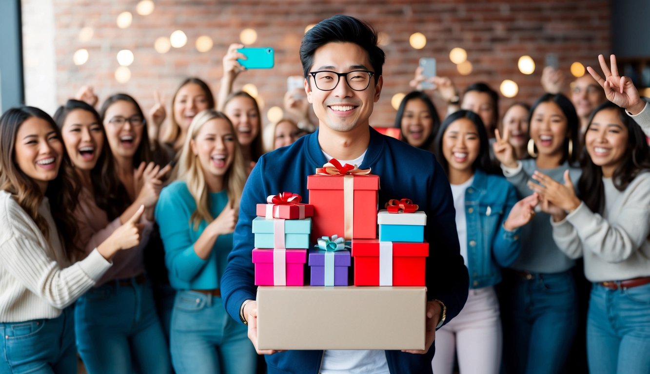 An influencer holding a pile of gifts, smiling, surrounded by excited followers