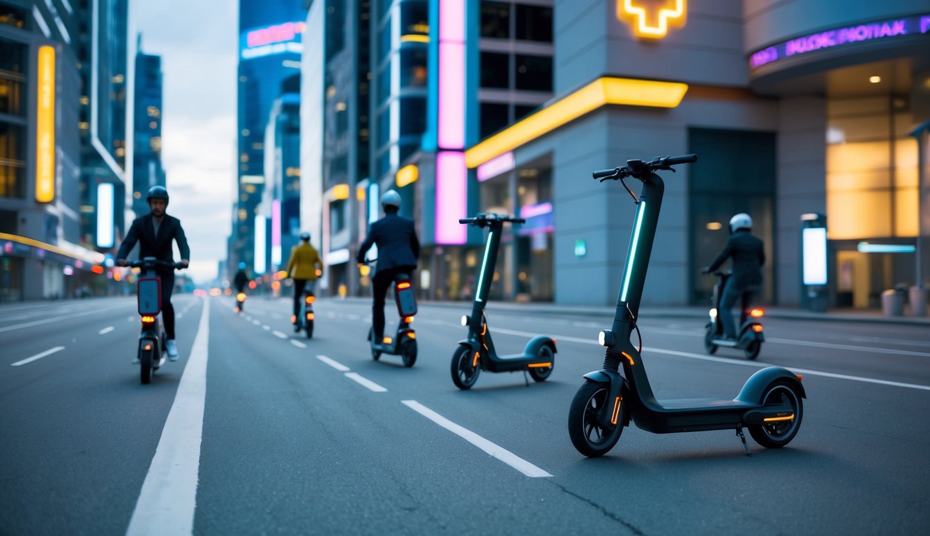 A futuristic city street with sleek electric scooters and bicycles zipping past high-tech buildings and glowing neon signs