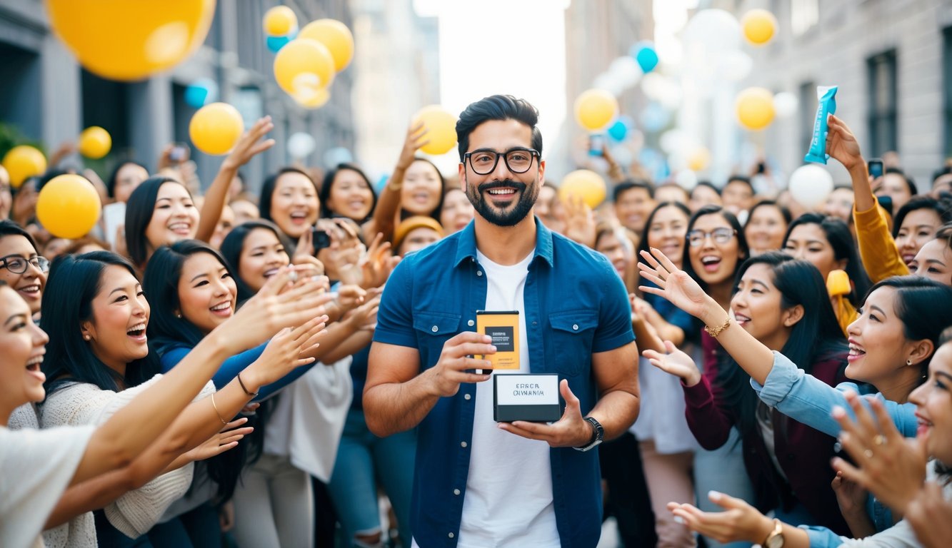 An influencer holding a product and surrounded by a crowd of followers eagerly reaching out to receive the giveaway item