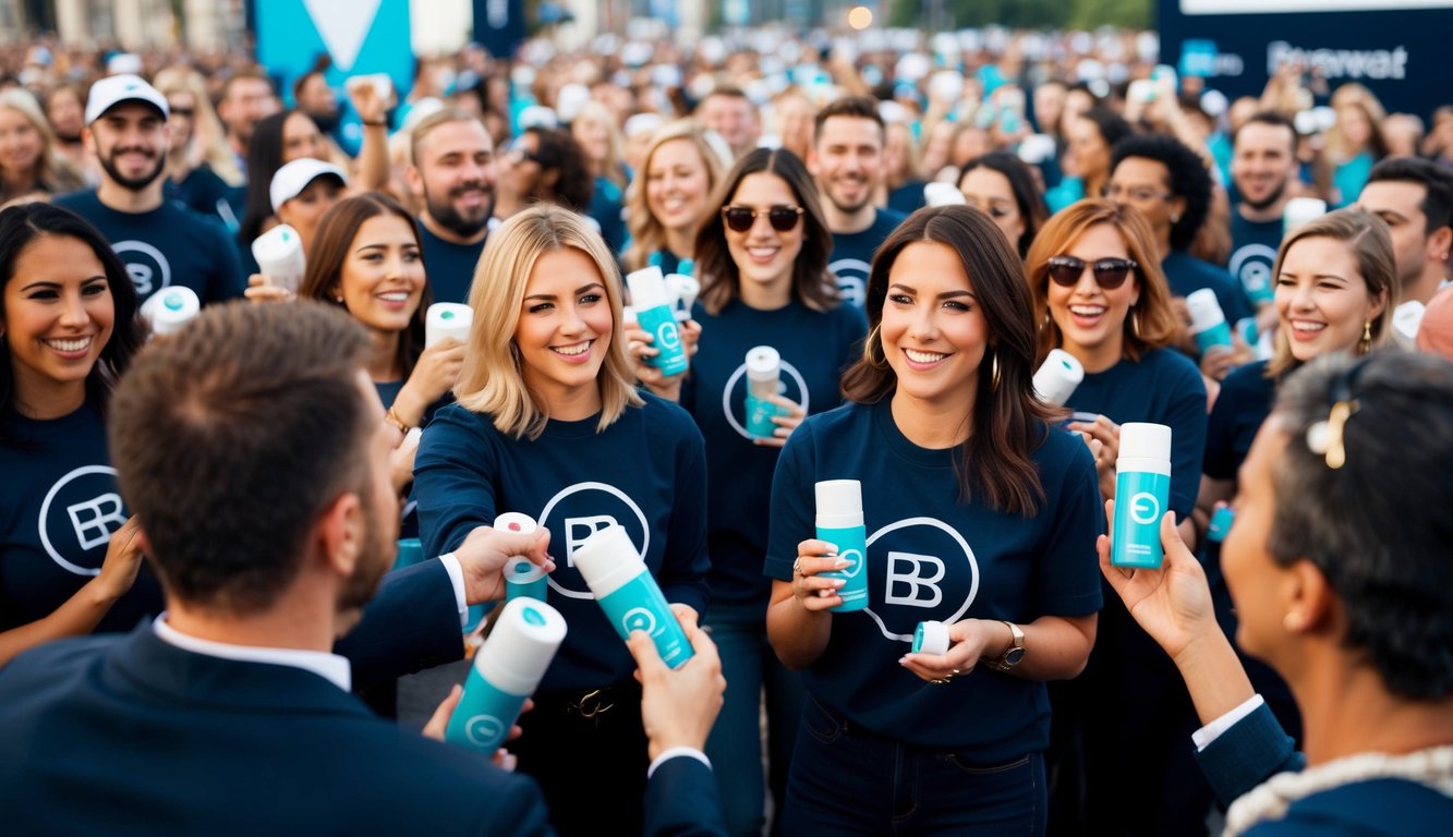 A brand's logo and products are being distributed to a crowd of excited people. Influencers are seen smiling and engaging with the crowd, creating a buzz around the giveaway