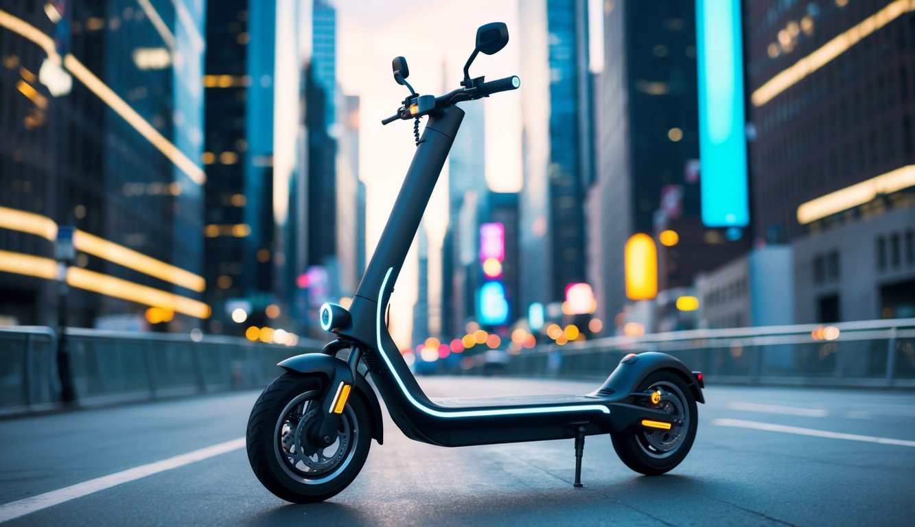 A sleek, futuristic electric scooter glides through a bustling cityscape, surrounded by towering skyscrapers and flashing neon lights. The scooter's advanced technology is evident in its sleek design and integrated digital display