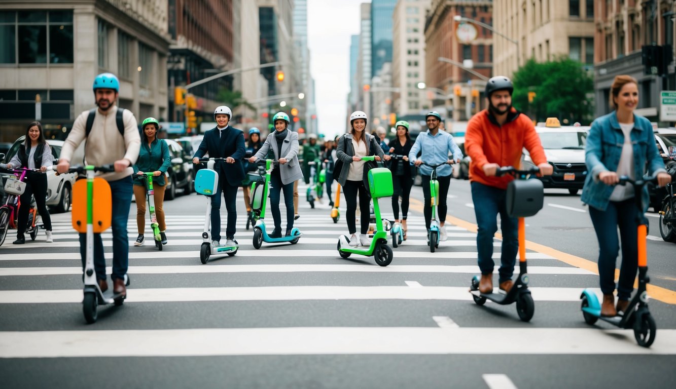 A bustling city street filled with various personal mobility devices, such as electric scooters, bikes, and skateboards, weaving through traffic and pedestrians