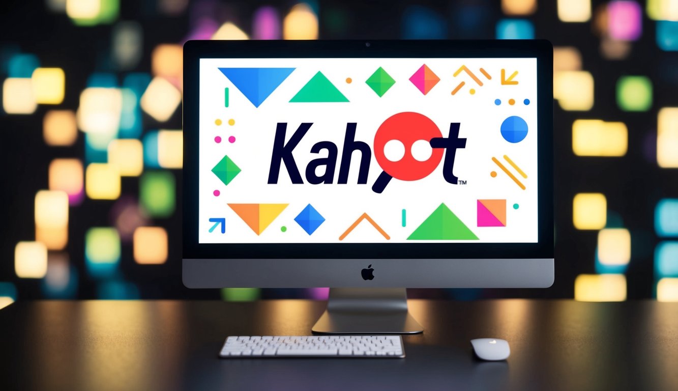 A computer screen displays the Kahoot logo in the center, surrounded by colorful geometric shapes and patterns. The screen is lit up with vibrant colors and a playful, modern style