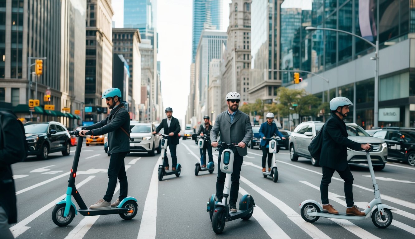 A bustling city street with various personal mobility devices, such as electric scooters and bicycles, weaving through traffic and pedestrians. Iconic skyscrapers and bustling businesses line the background