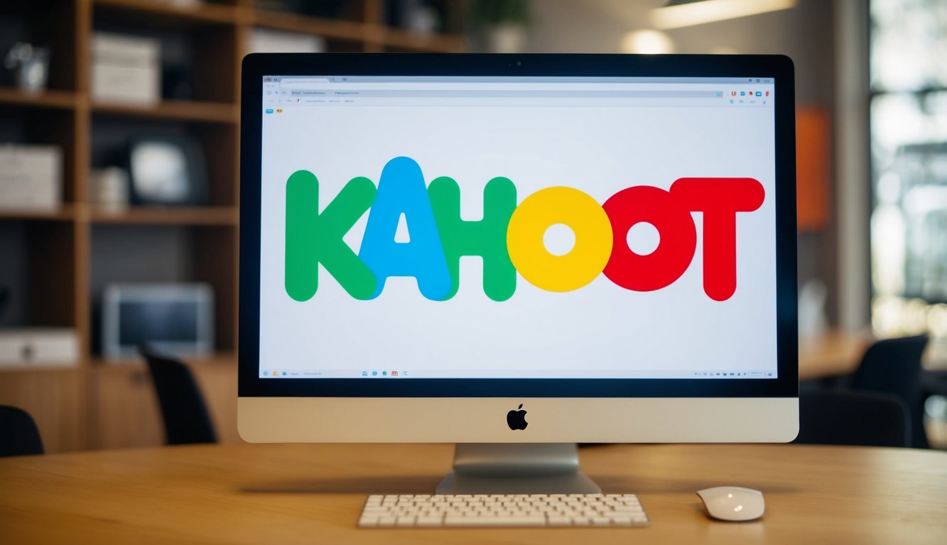 A computer screen displays the Kahoot logo in bold, playful font. The letters are vibrant and energetic, with a modern and youthful feel