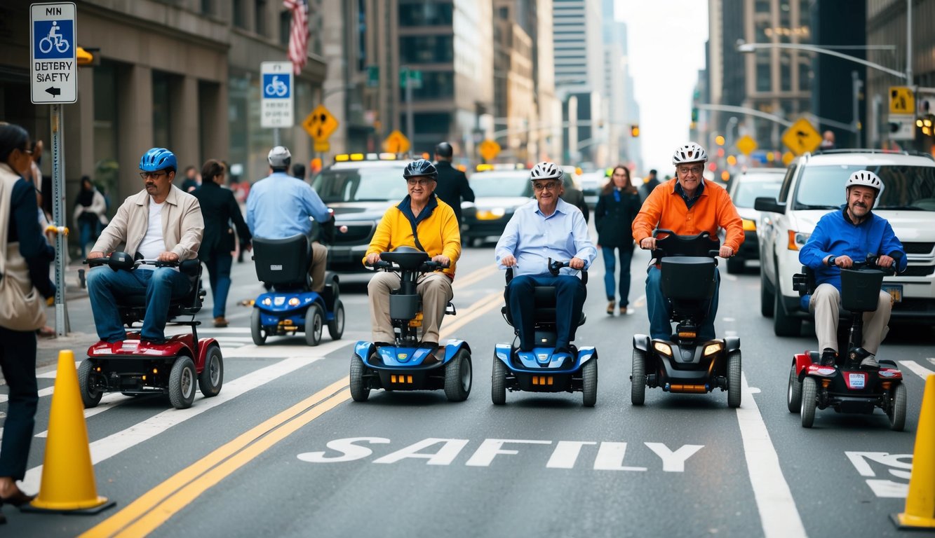 A bustling city street with various personal mobility devices navigating safely among pedestrians and traffic. Regulations and safety signs are prominently displayed