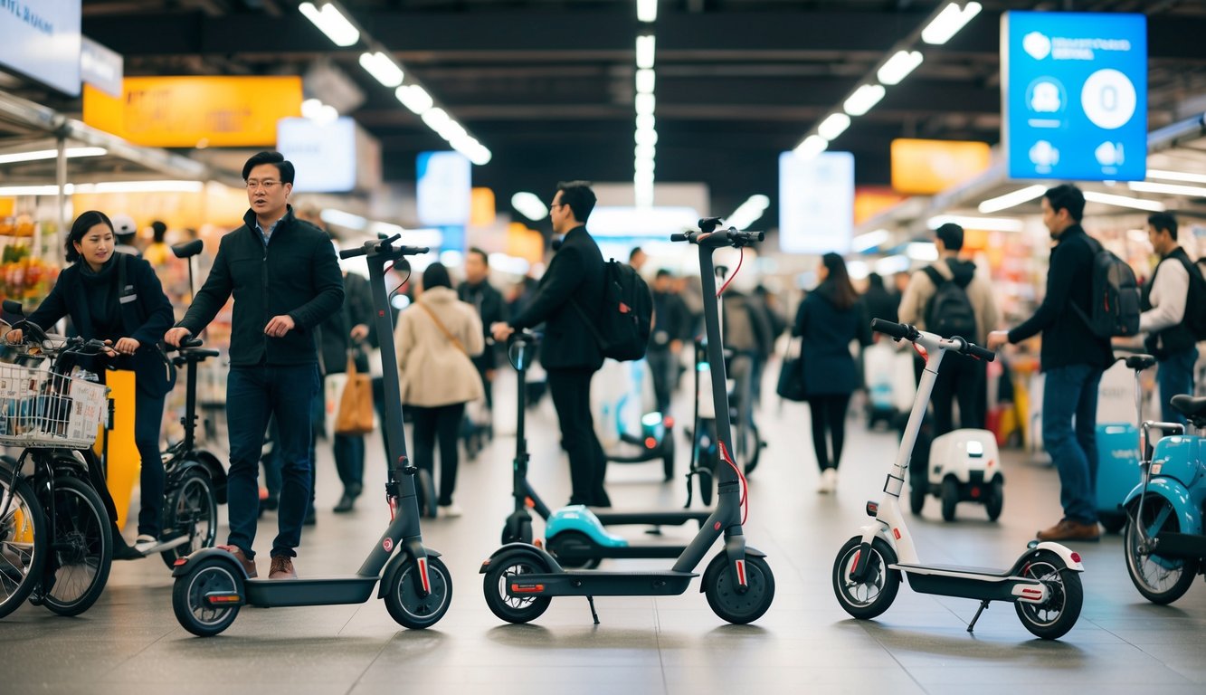 A bustling market with diverse personal mobility devices, from electric scooters to futuristic bikes, reflecting the growing demand for tech-driven transportation solutions