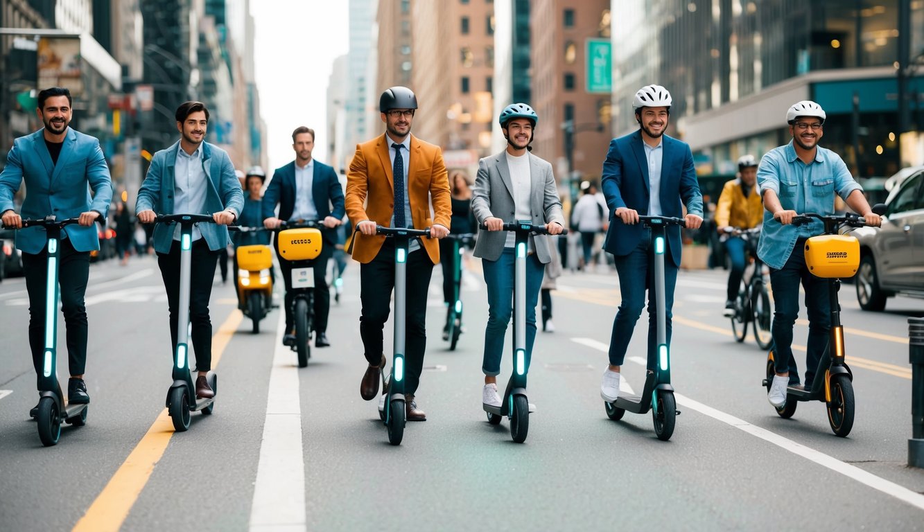 A bustling city street with diverse individuals using various personal mobility devices, such as electric scooters and bicycles, showcasing the global revolution of tech on two wheels