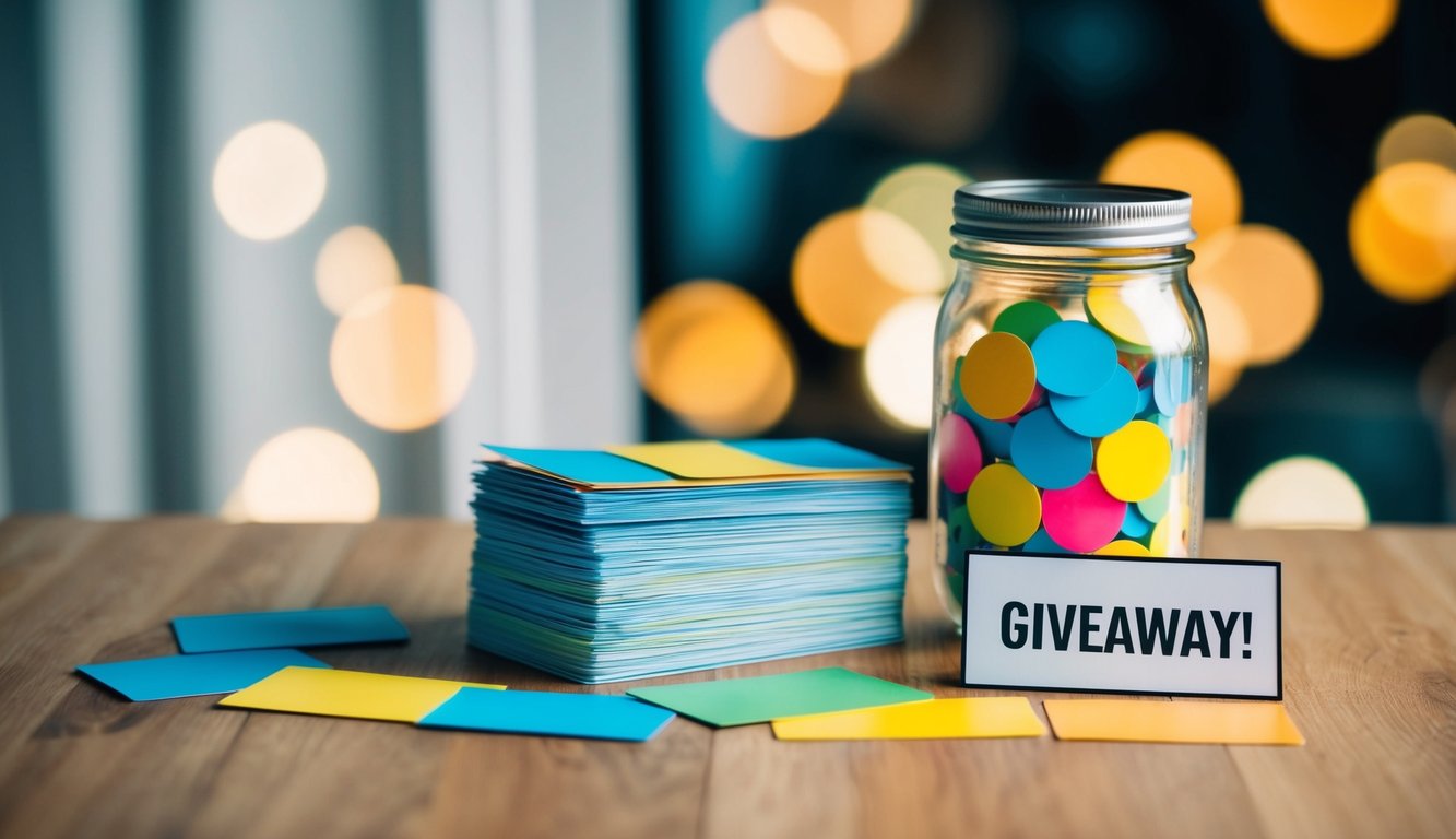 A table with a stack of colorful question cards, a jar for entries, and a sign indicating a giveaway