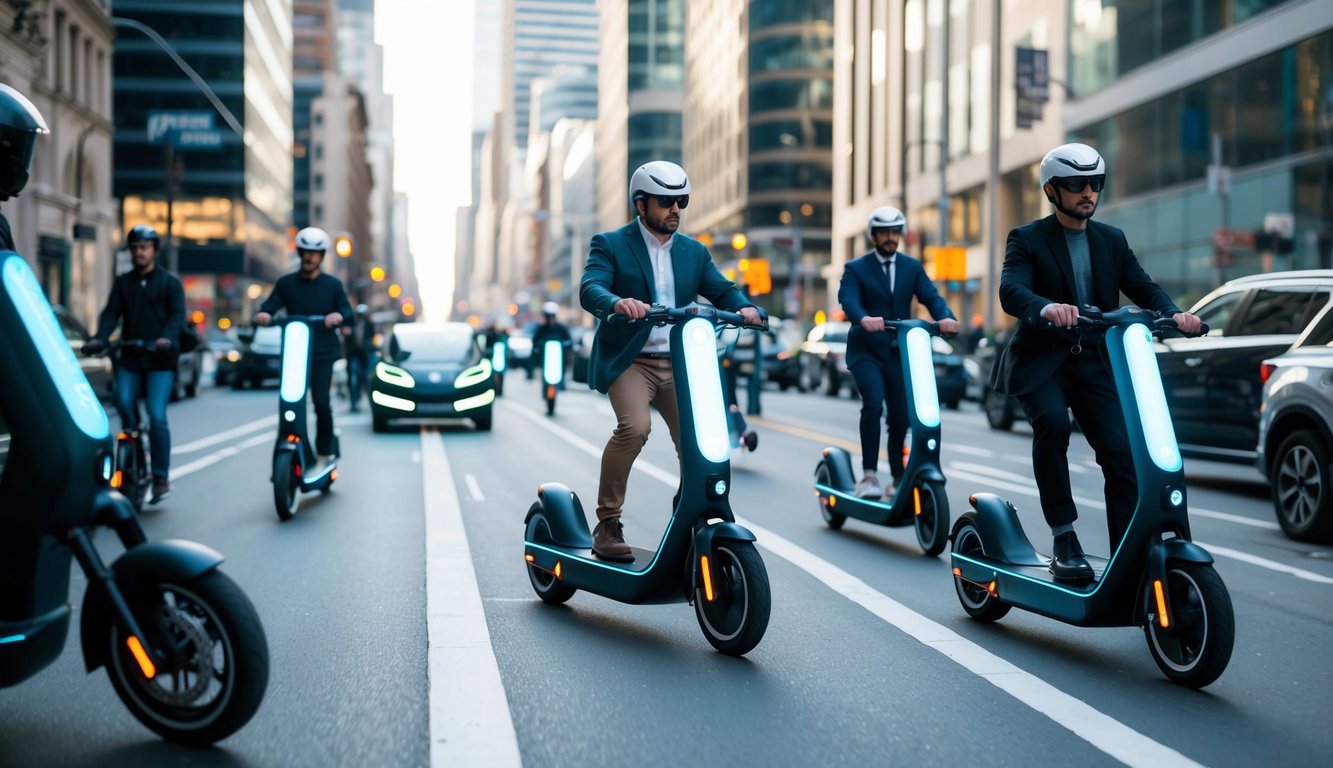 A bustling city street with futuristic personal mobility devices zipping around. High-tech two-wheeled vehicles and sleek electric scooters are prevalent, showcasing the revolution of personal mobility