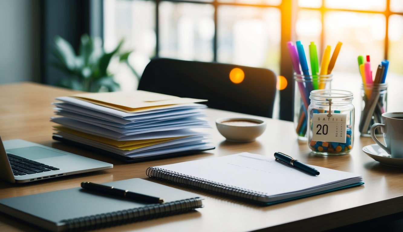 A desk with a laptop, notebook, and pen. A stack of envelopes and a calendar with a marked date. A jar of colorful markers and a cup of coffee