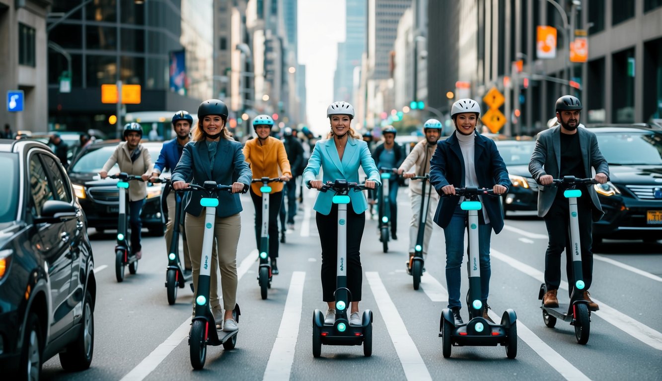 A crowded city street with various personal mobility devices, such as electric scooters and bicycles, zipping through traffic. The scene is filled with modern technology and bustling activity