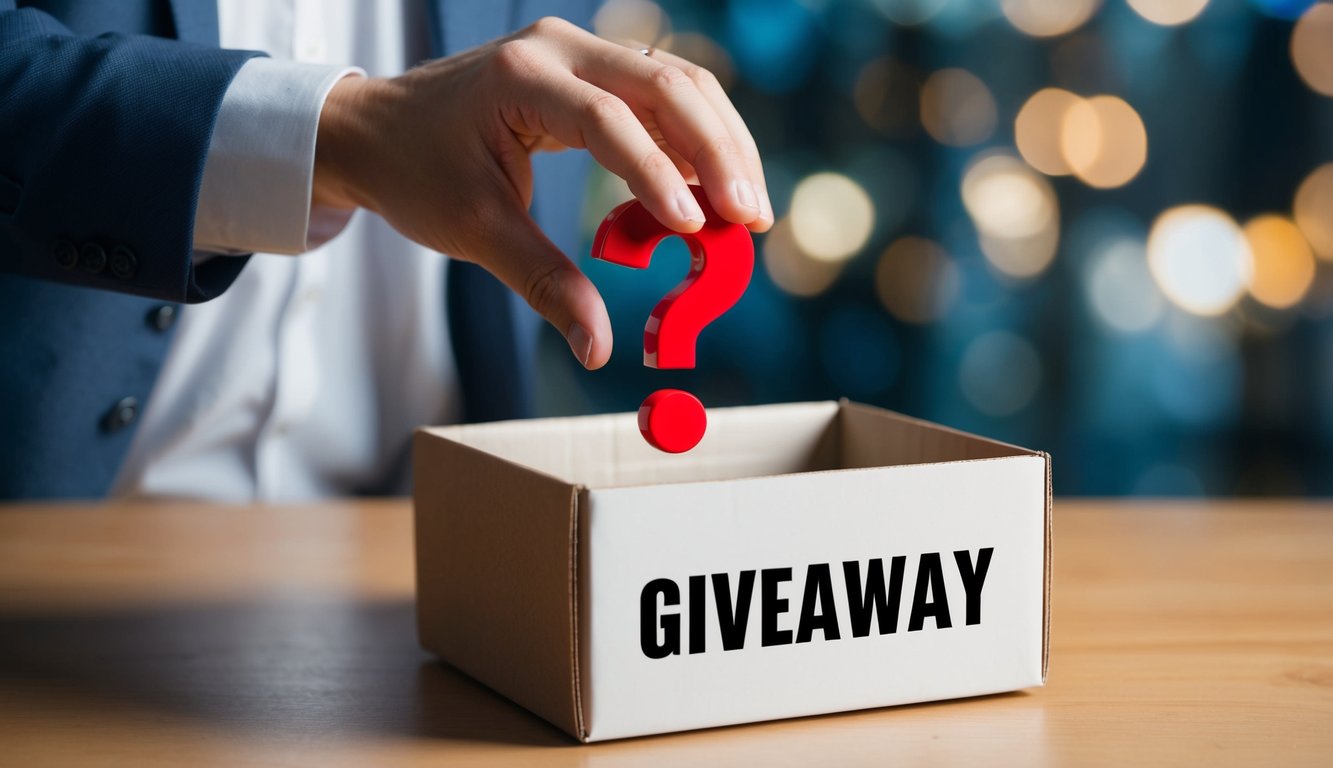 A hand placing a question mark into a box with a "Giveaway" label