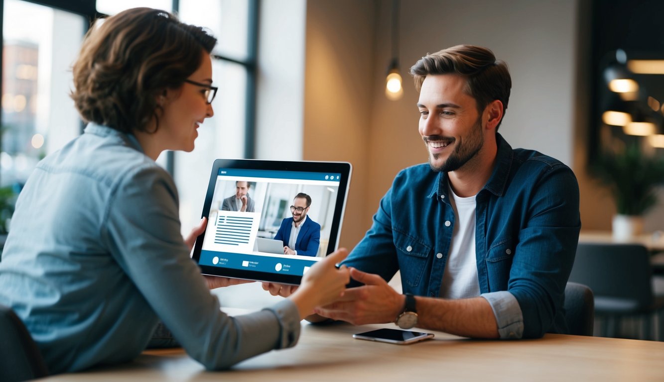 Two people sitting at a table with electronic devices, one person sharing their screen with the other. The recipient is engaged and interacting with the shared content