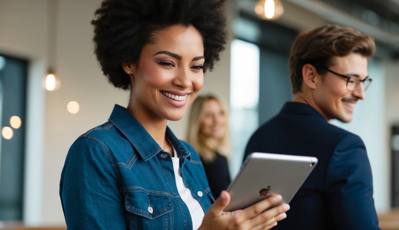 A person holding a tablet or phone, with a smile on their face, while another person looks over their shoulder at the screen