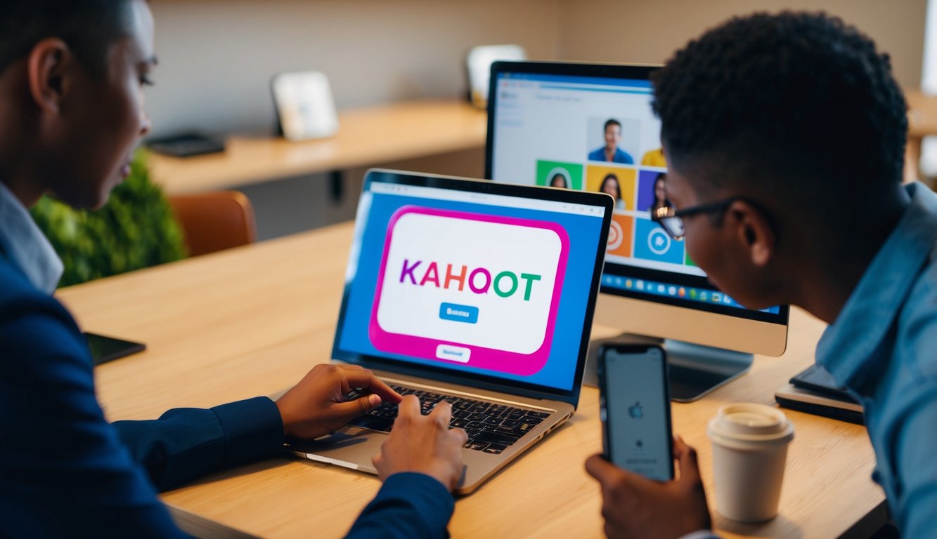 A person sharing a Kahoot game with another person via a digital device, with both individuals engaged in the process