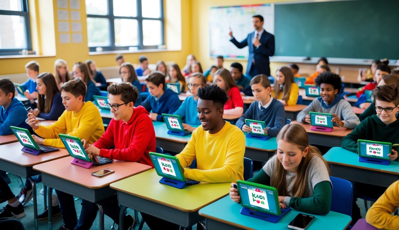 A colorful classroom with 100 students eagerly participating in a Kahoot quiz on their devices, with the teacher leading the interactive session