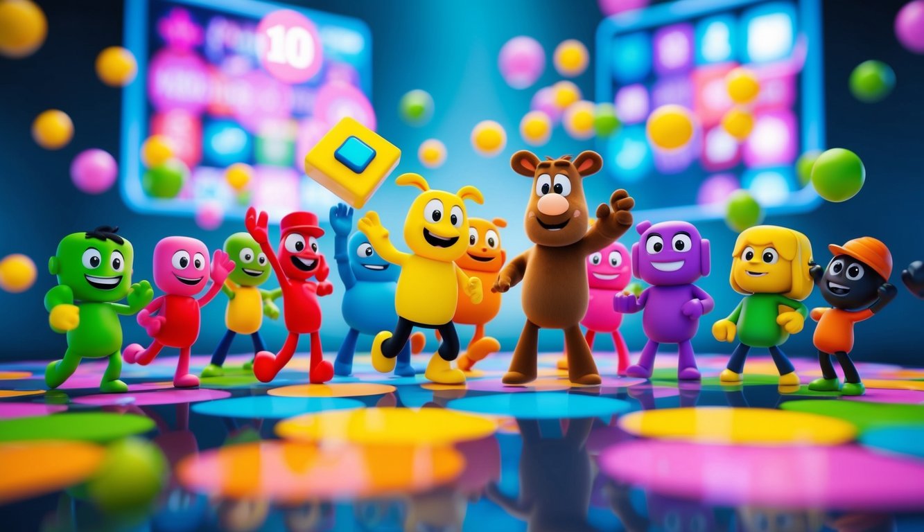 A group of 100 colorful, animated characters engaging in a lively and interactive game on a digital platform