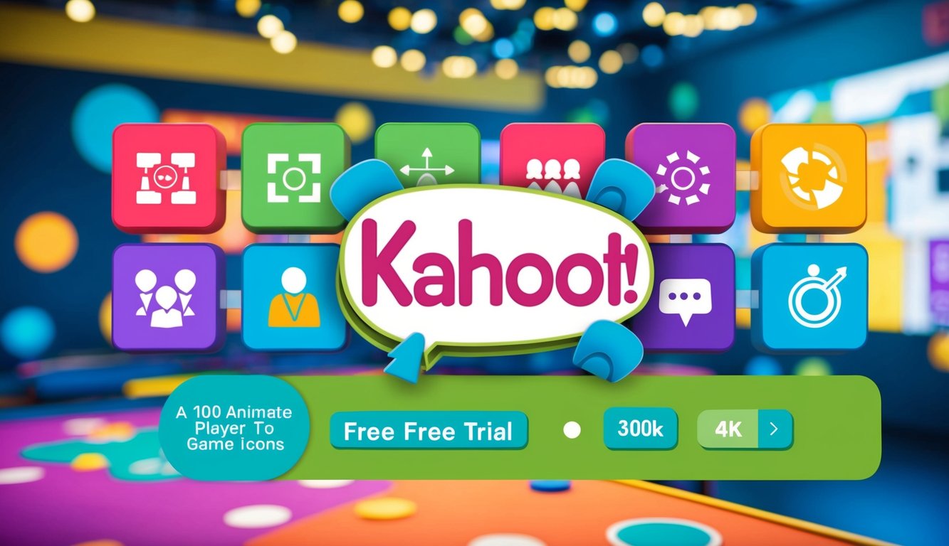 A colorful virtual game room with 100 animated player icons participating in a lively and engaging Kahoot! quiz during the free trial