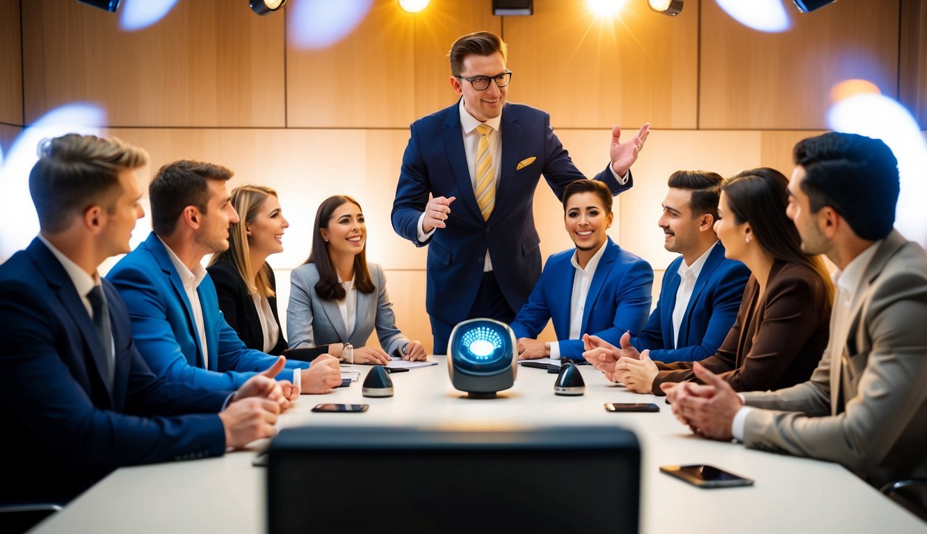 A group of people sitting around a table, answering questions from a quizmaster. Bright lights and a buzzer add to the excitement